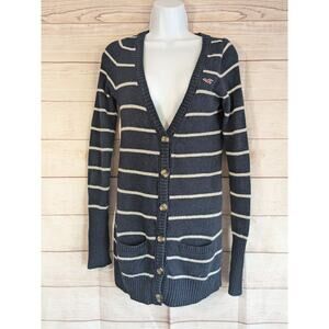 y2k Hollister Women’s Striped Cardigan Navy white Size medium